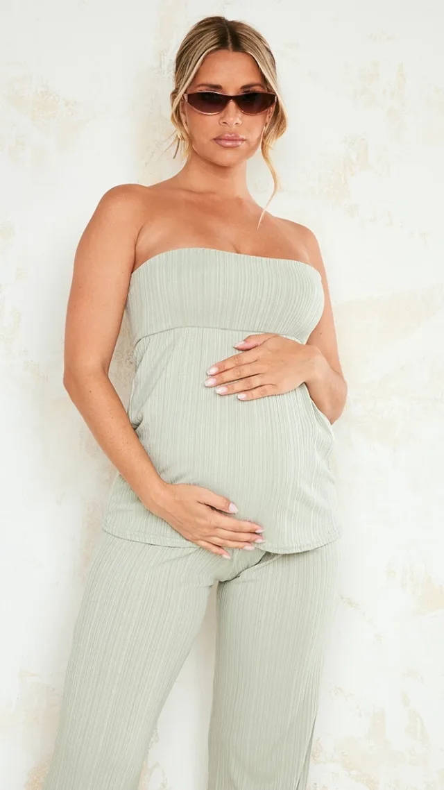 Maternity Sage Green Textured Rib Bandeau Floaty Top