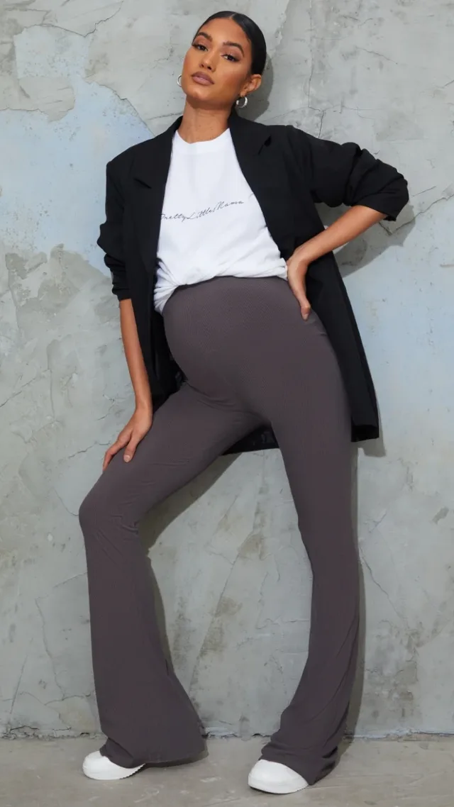 Maternity Slate Ribbed Flared Leggings