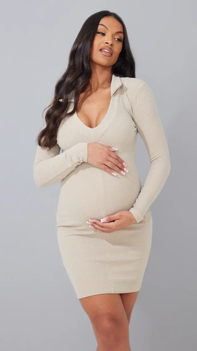 Maternity Stone Plunge Polo Neck Mini Dress