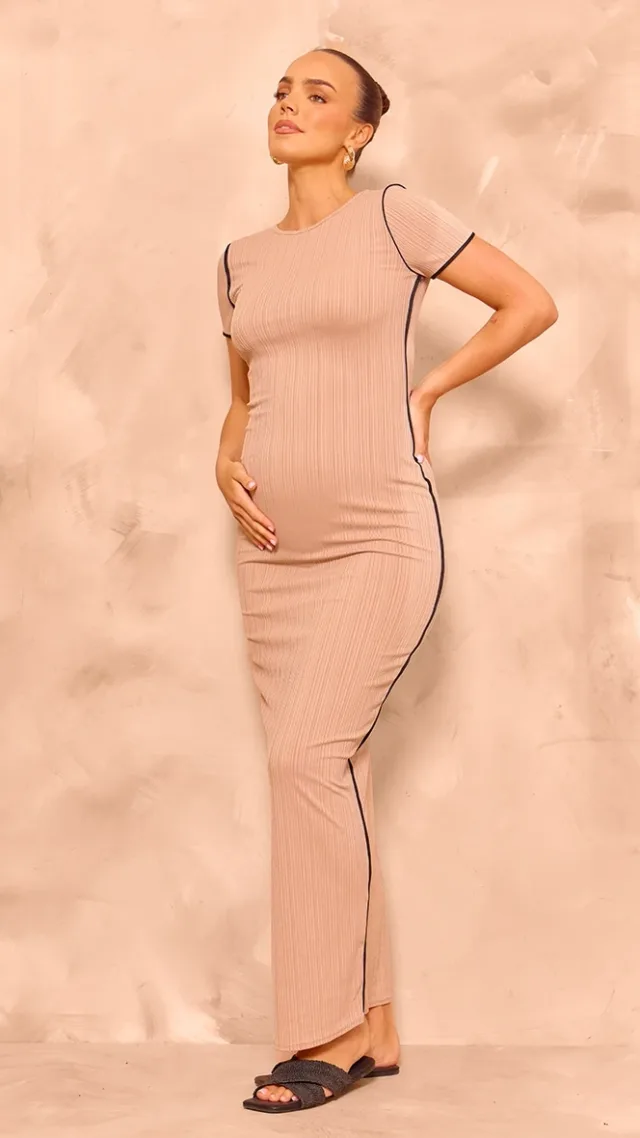 Maternity Taupe Contrast Trim Short Sleeve Maxi Dress