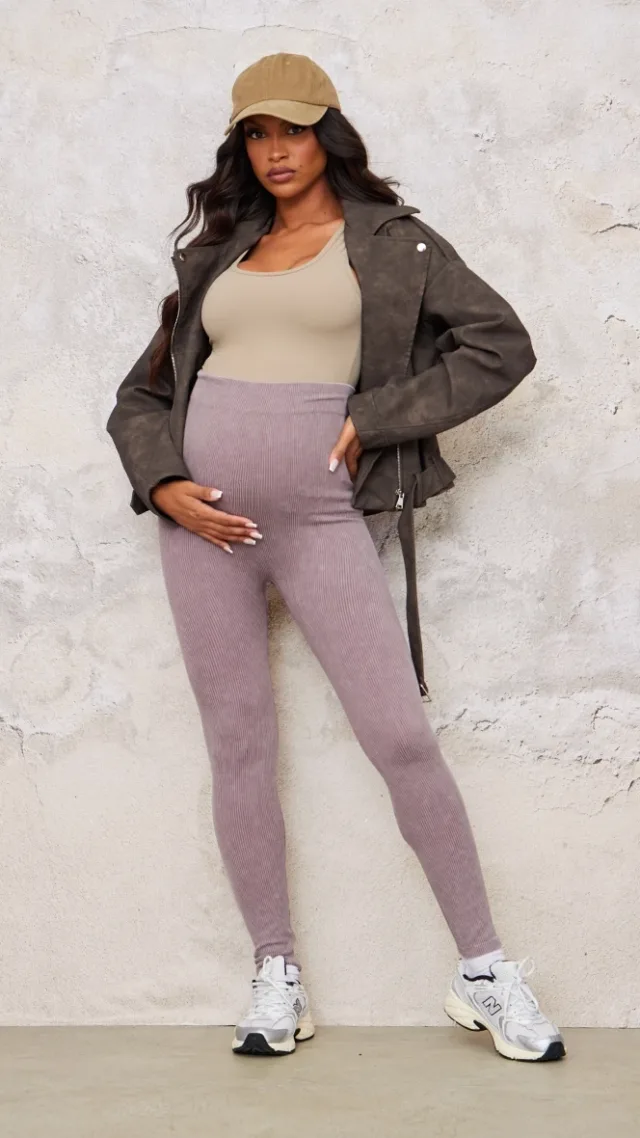 Maternity Taupe Faded Snatched Rib Over Bump Leggings