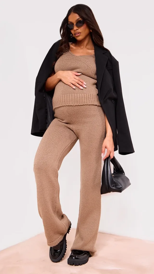 Maternity Taupe Knitted Wide Leg Pants