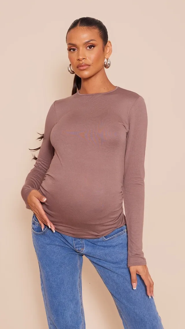 Maternity Taupe Long Sleeve Basic Crew Neck Fitted T Shirt