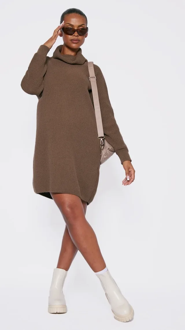 Maternity Taupe Oversized High Neck Sweater Dress