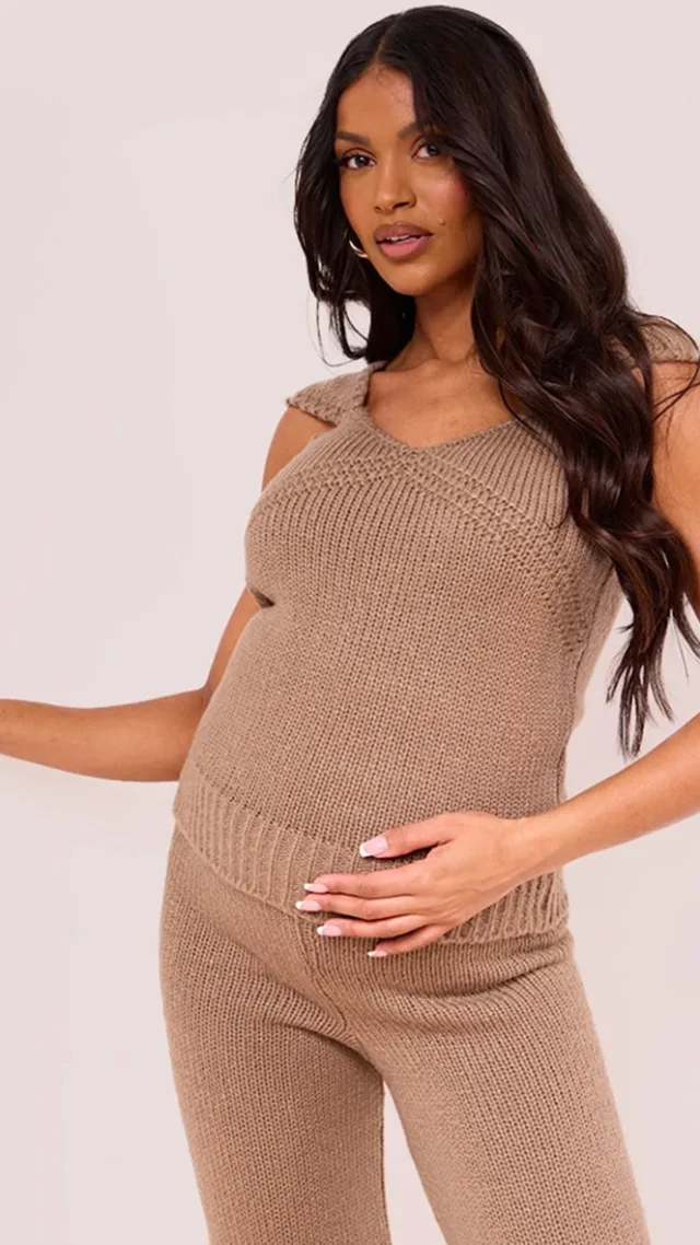 Maternity Taupe Short Sleeve Knitted Top