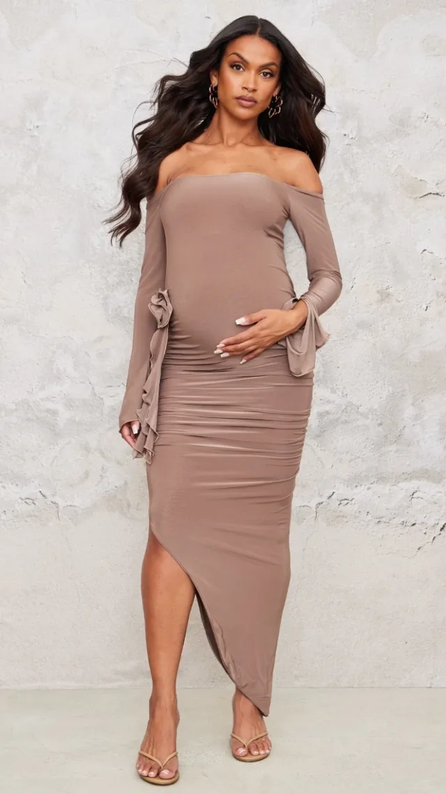 Maternity Taupe Slinky Off The Shoulder Flower Detail Maxi Dress