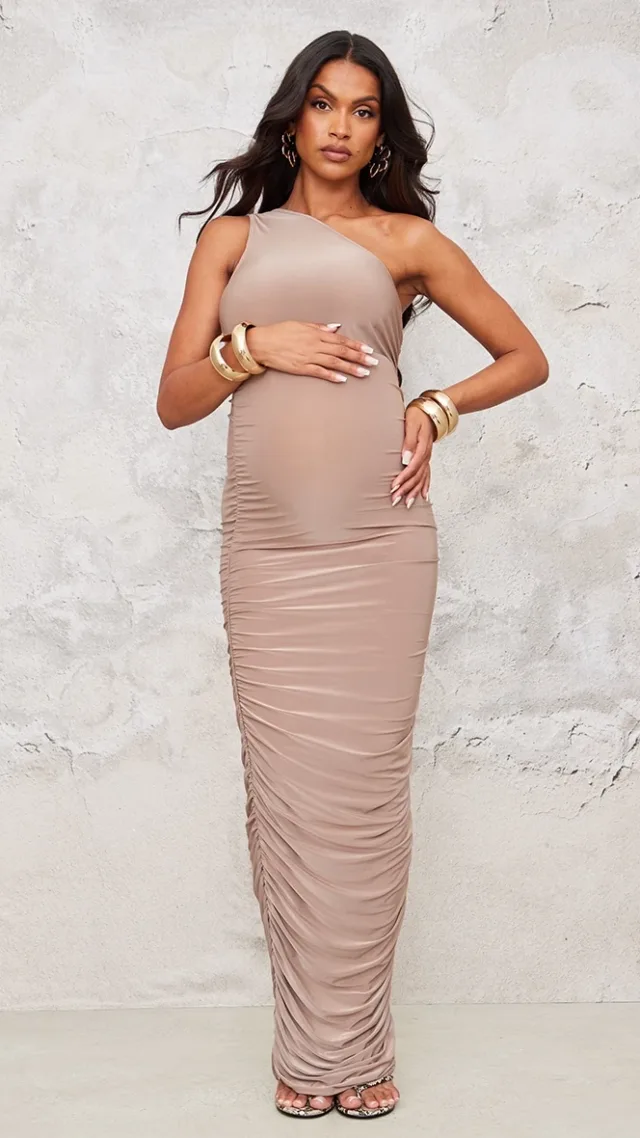 Maternity Taupe Slinky One Shoulder Ruched Maxi Dress