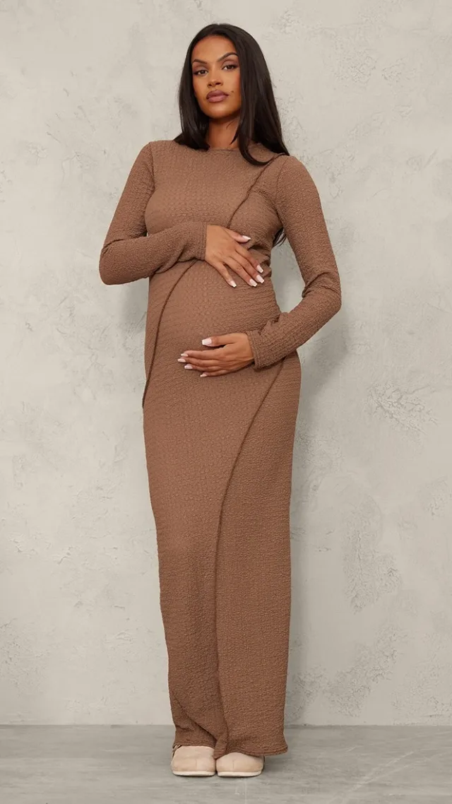 Maternity Taupe Textured Seam Detail Long Sleeve Maxi Dress