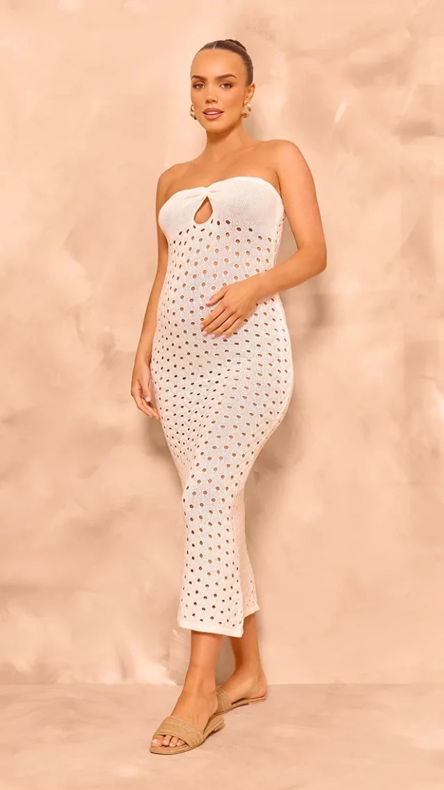 Maternity White Open Knit Bandeau Midaxi Dress