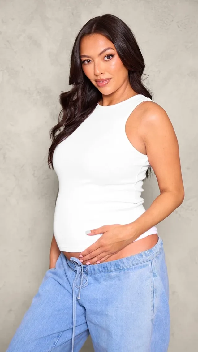 Maternity White Racer Neck Rib Vest