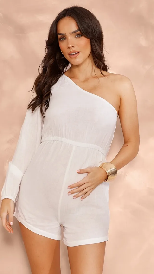 Maternity White Shirred Cheesecloth One Shoulder Romper