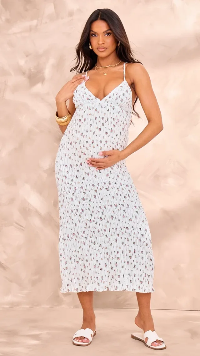 Maternity White Shirred Floral Detail Midi Dress