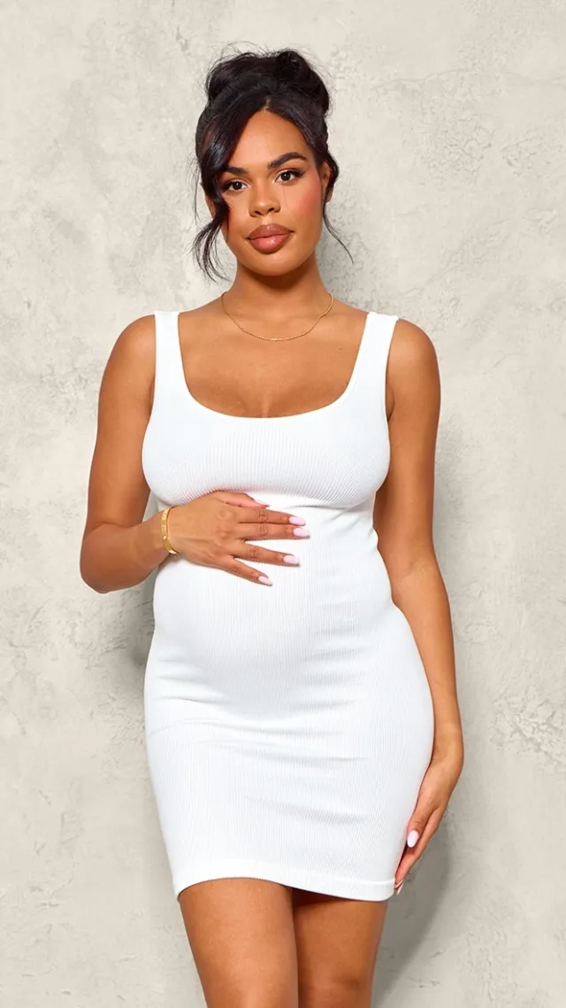 Maternity White Strappy Snatched Rib Mini Dress