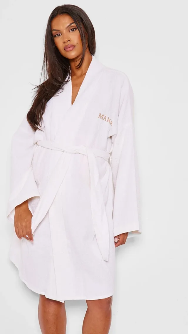 Maternity White Waffle Mama Embroidered Robe