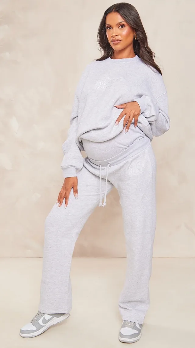 Prettylittlething Maternity Ash Grey Embroidered Wide Leg Sweatpants