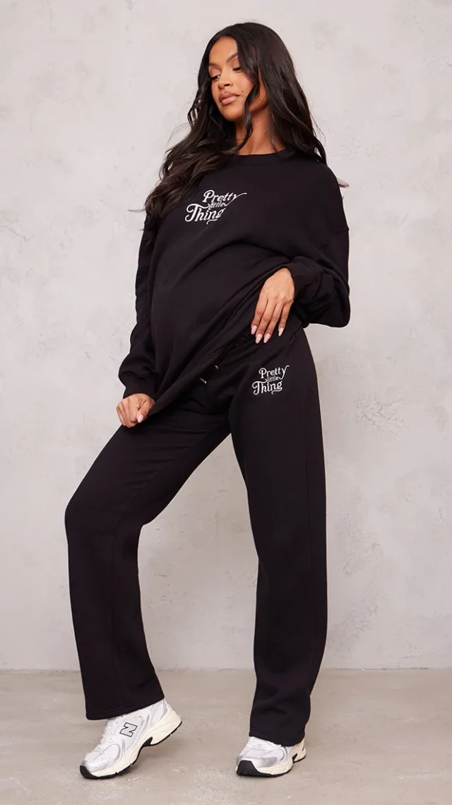 Prettylittlething Maternity Black Embroidered Wide Leg Sweatpants