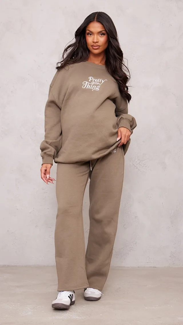 Prettylittlething Maternity Khaki Embroidered Wide Leg Sweatpants