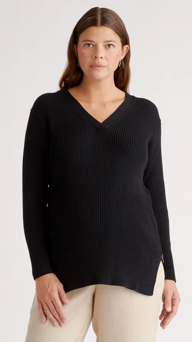 Black 100% Organic Cotton Fisherman Side Zip Maternity & Nursing Sweater