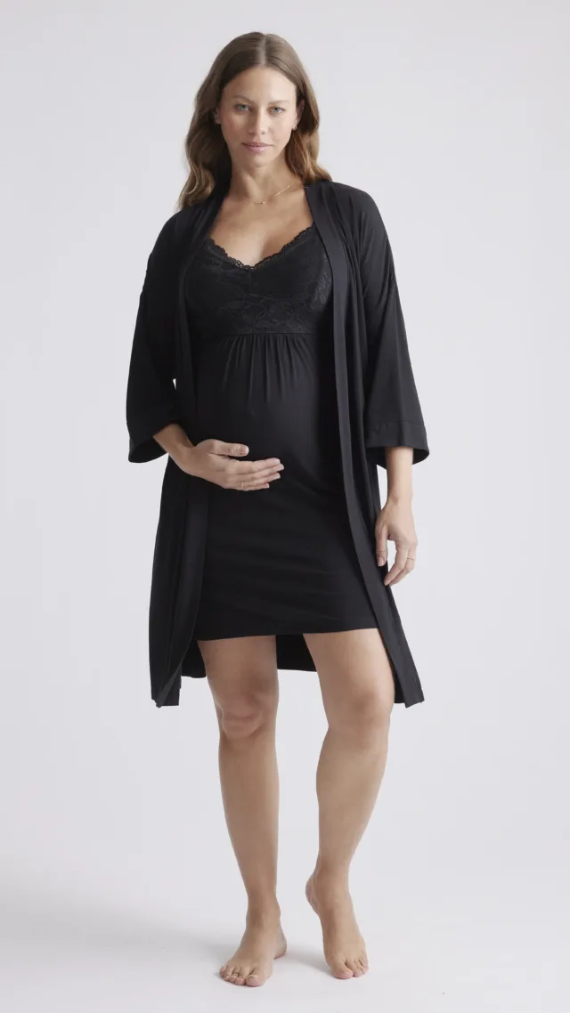 Black Bamboo Jersey Maternity & Nursing Nightgown And Robe Set