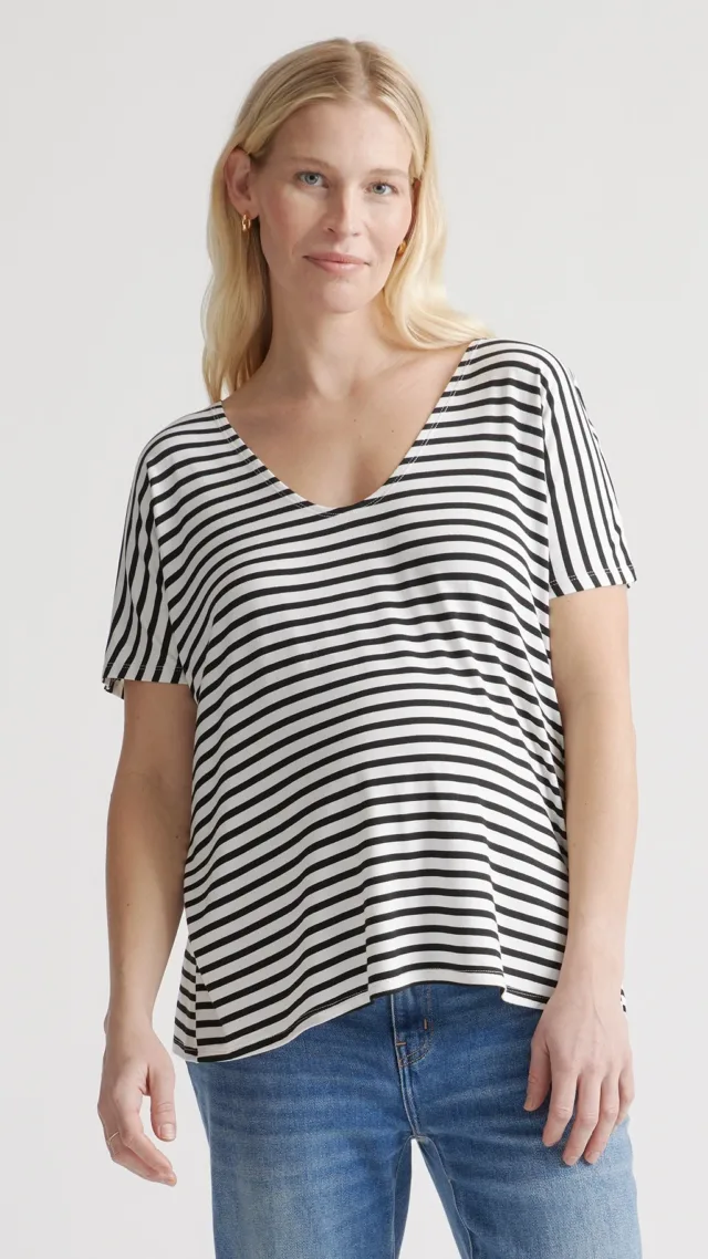 Black/Black White Stripe Bamboo Jersey Maternity V-Neck Tee 2-Pack