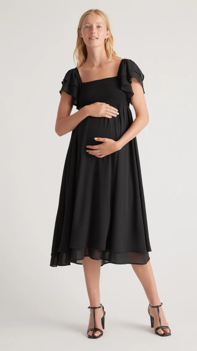 Black Chiffon Maternity Smocked Flutter Sleeve Dress