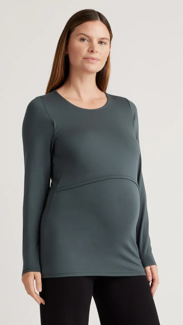 Black/Dark Olive Tencel Jersey Maternity & Nursing Long Sleeve Relaxed Fit Tee 2-Pack