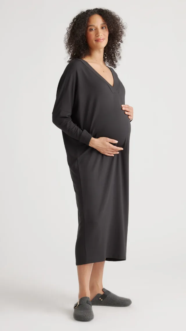 Black French Terry Modal Maternity & Nursing Lounge Dress