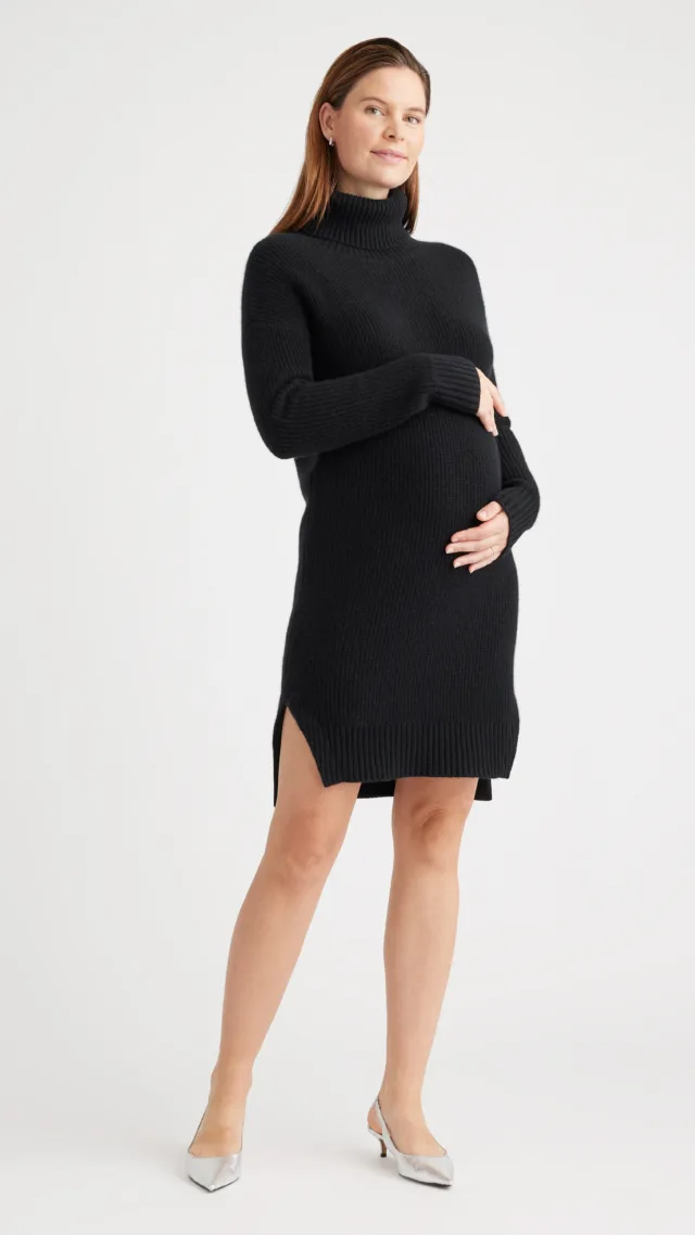 Black Mongolian Cashmere Fisherman Maternity Sweater Dress