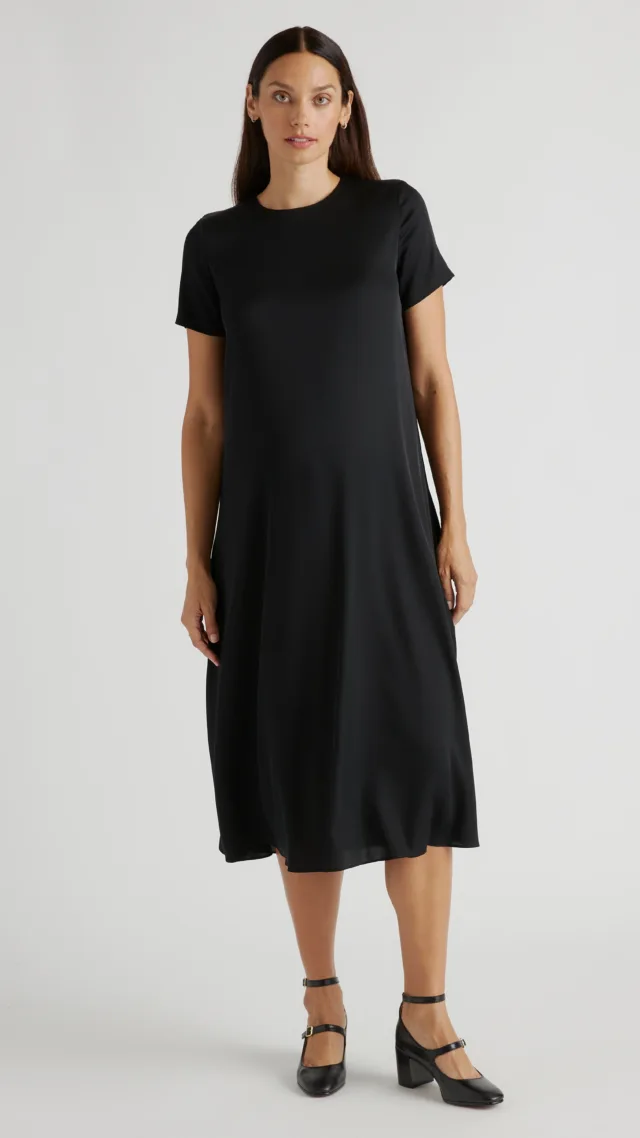 Black Washable Stretch Silk Cap Sleeve Maternity Dress