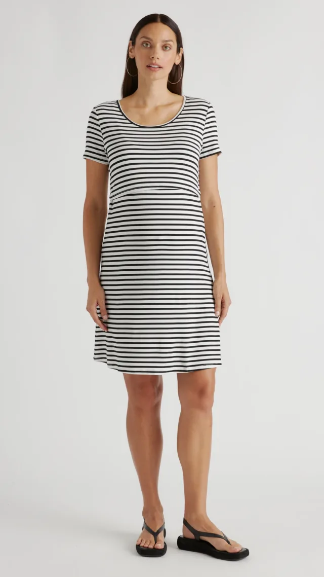 Black/White Stripe Bamboo Jersey Maternity & Nursing Lounge Dress