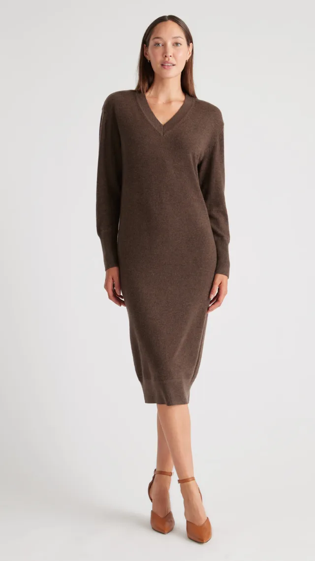 Brown Mongolian Cashmere V-Neck Midi Sweater Dress