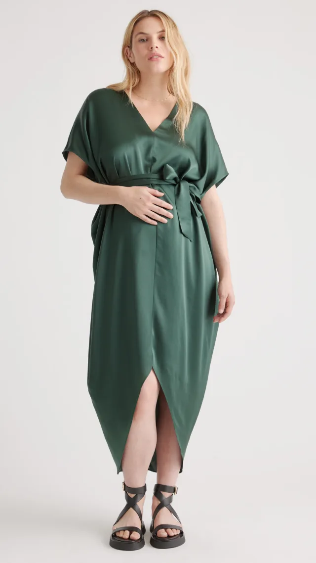 Forest Green 100% Washable Silk Maternity Dress