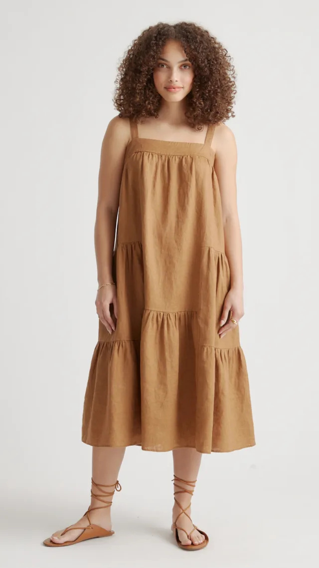 Golden Brown 100% European Linen Trapeze Midi Dress