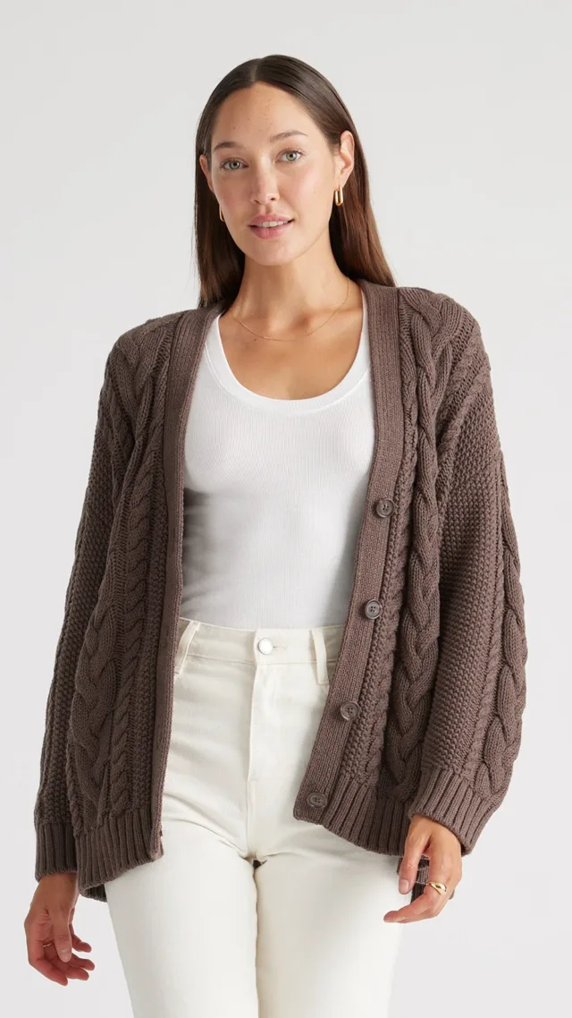 Heather Brown 100% Organic Cotton Oversized Cable Cardigan