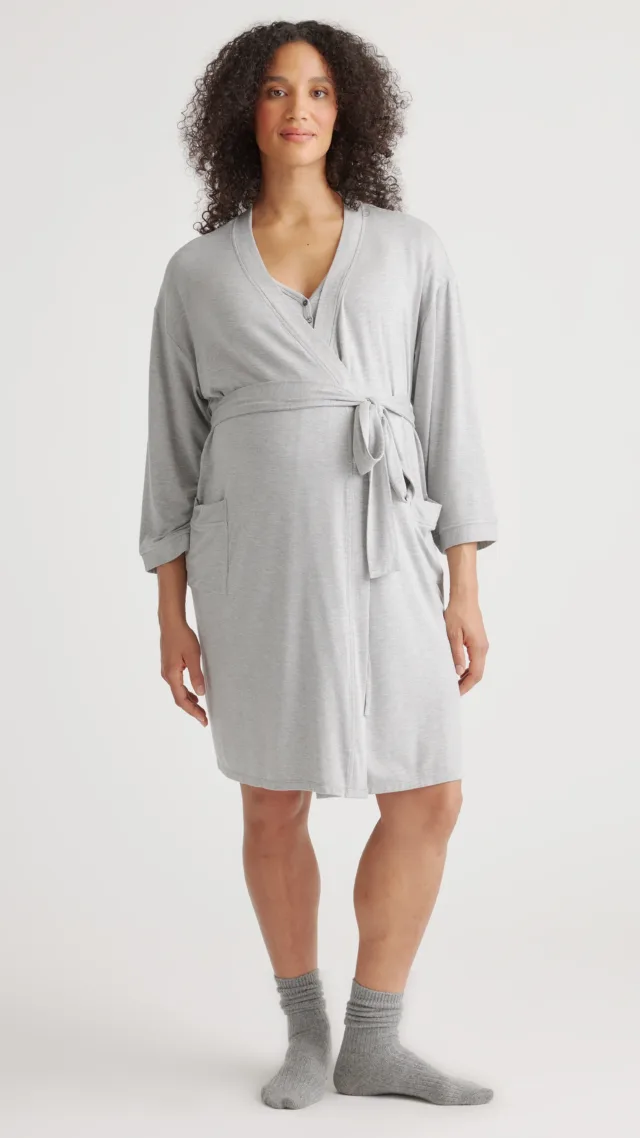 Heather Grey Bamboo Jersey Maternity & Nursing Button Front Nightgown And Robe Set