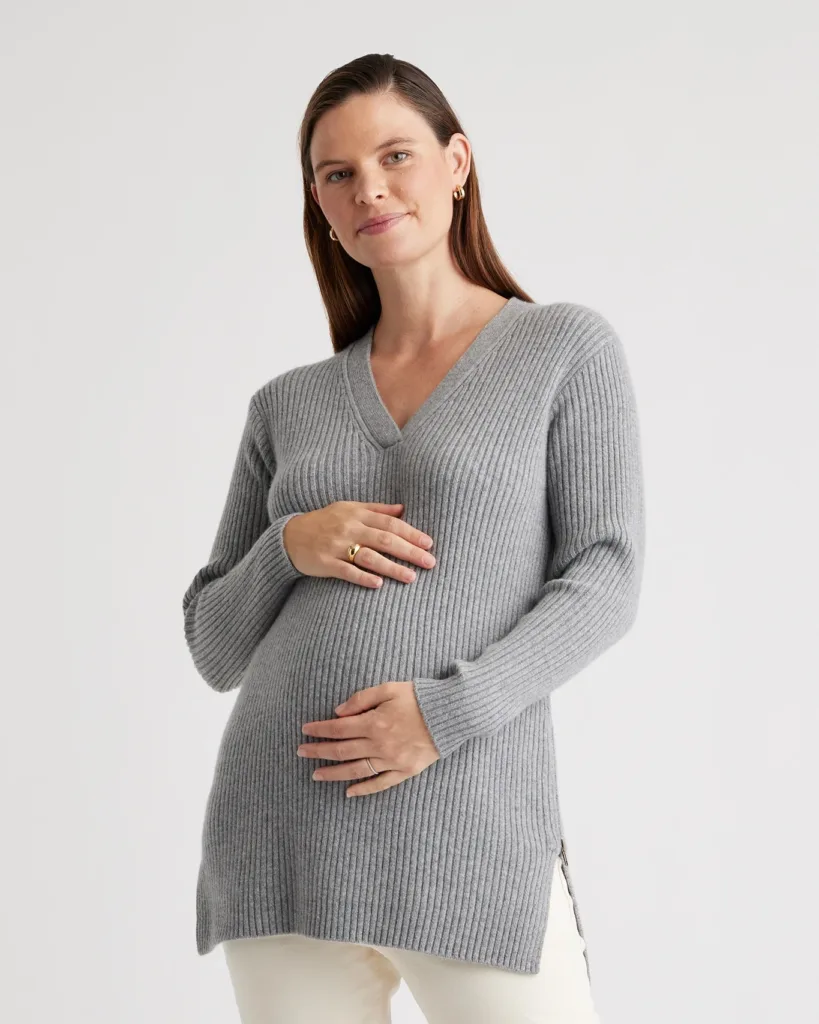 Heather Grey Mongolian Cashmere Fisherman Side Zip Maternity & Nursing Sweater