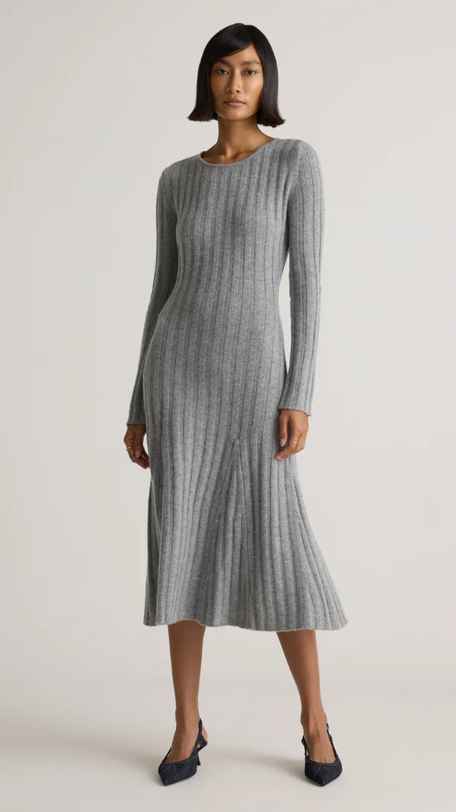 Heather Grey Mongolian Cashmere Wide-Rib Midi Dress