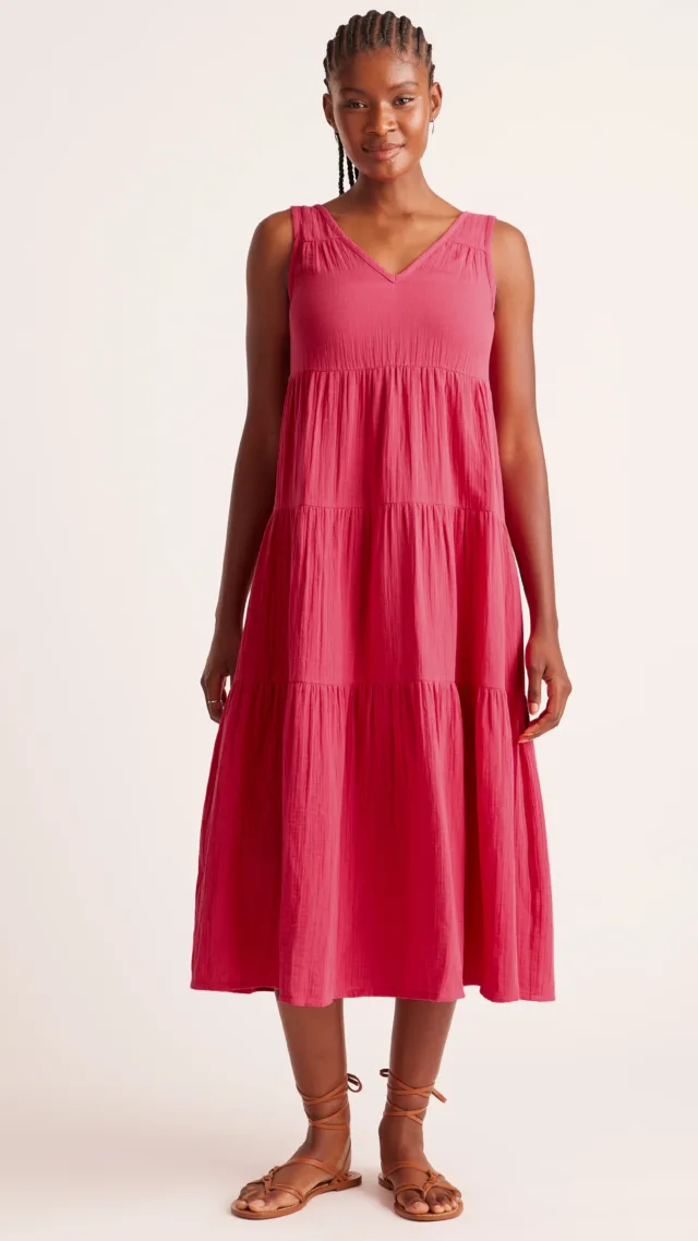 Hot Pink 100% Organic Cotton Gauze Tiered Maxi Dress