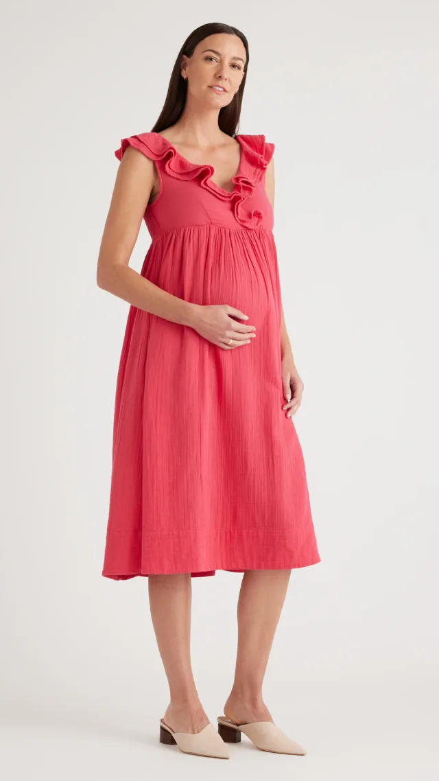 Hot Pink Organic Cotton Gauze Maternity Ruffle Front Dress