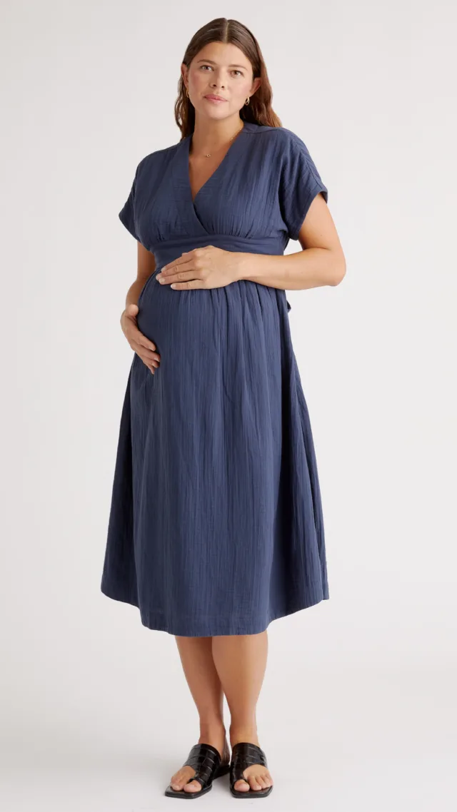 Indigo Blue Organic Cotton Gauze Maternity Midi Dress