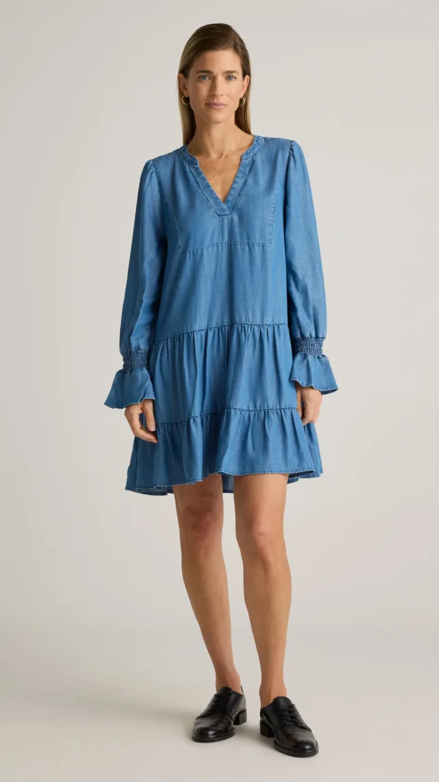 Medium Indigo Chambray Tencel Tiered Long Sleeve Mini Dress