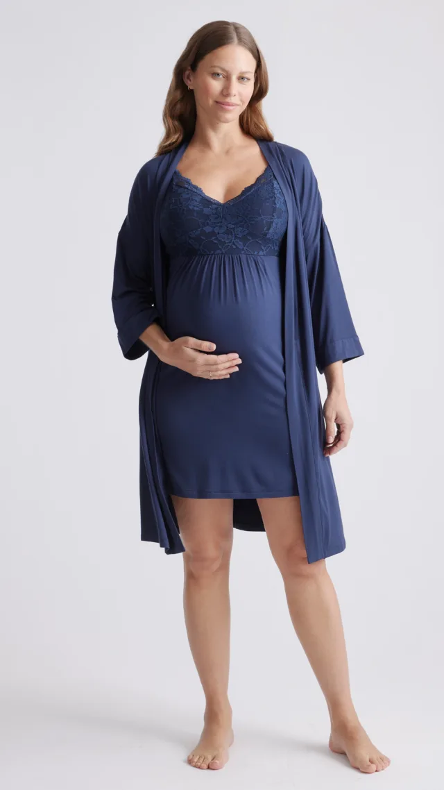 Navy Bamboo Jersey Maternity & Nursing Nightgown And Robe Set