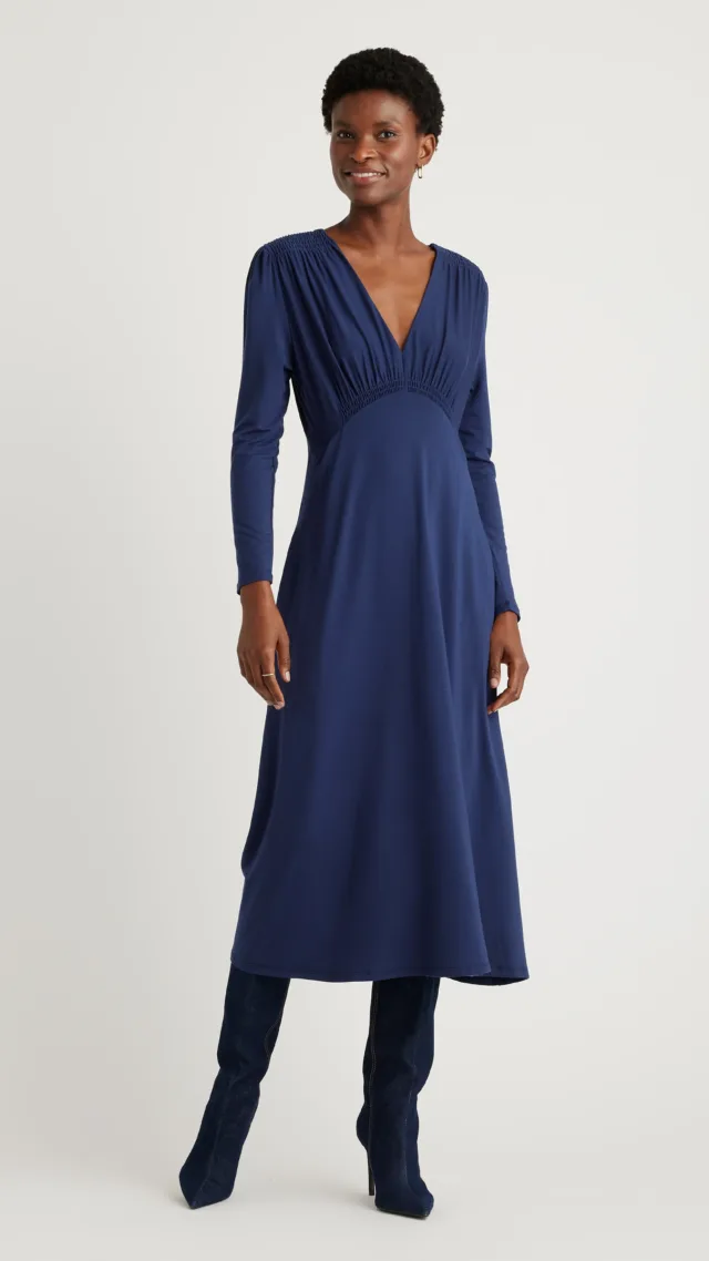 Navy Tencel Jersey V-Neck Long Sleeve Midi Dress