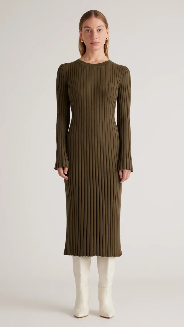 Olive Cotton Cashmere Ribbed Long Sleeve Crew Midi Dress