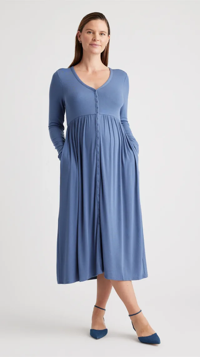 Slate Blue Tencel Rib Maternity & Nursing Button Front Dress