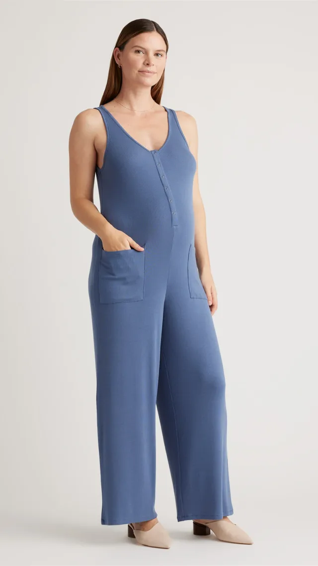 Slate Blue Tencel Rib Maternity & Nursing Jumpsuit