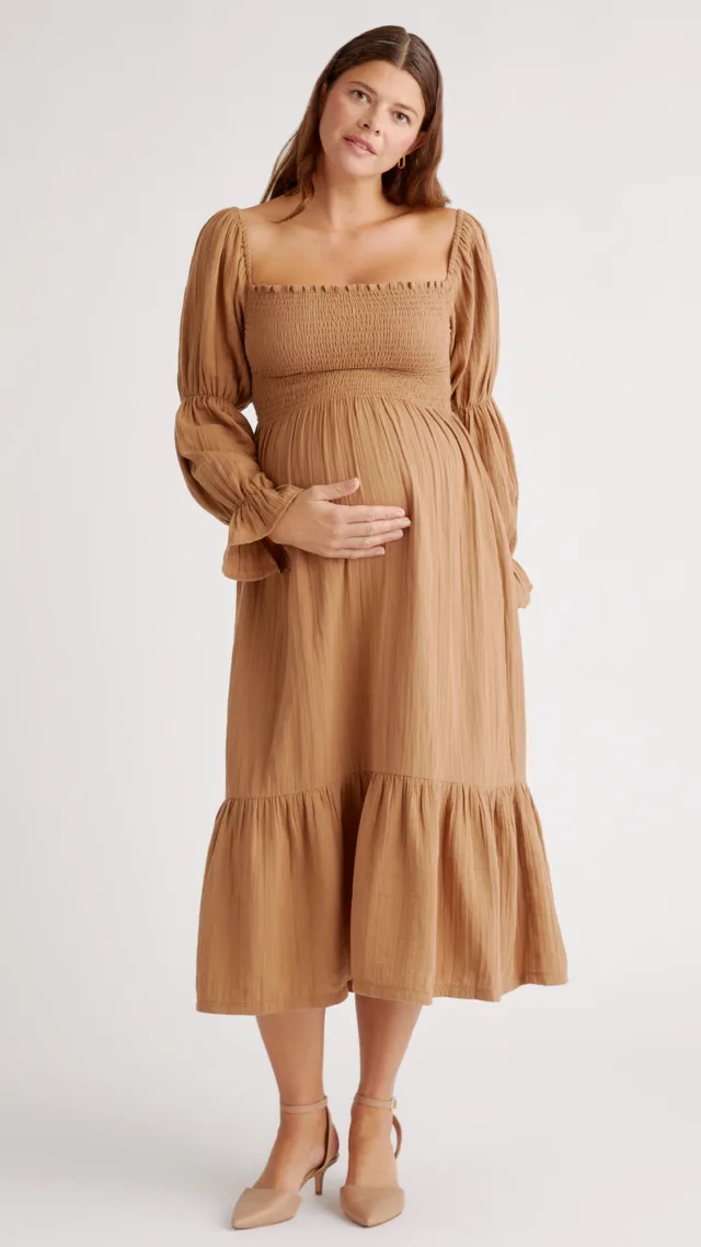 Toasted Coconut Organic Cotton Gauze Maternity Smocked Ruffle Hem Midi Dress