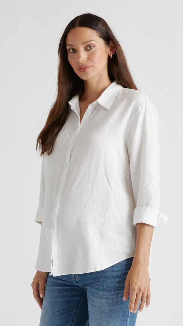 White 100% European Linen Maternity Long Sleeve Shirt