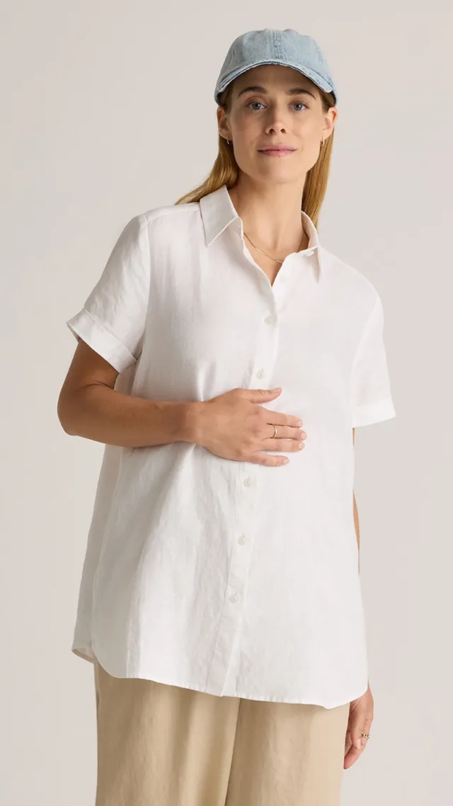 White 100% European Linen Maternity & Nursing Short Sleeve Shirt