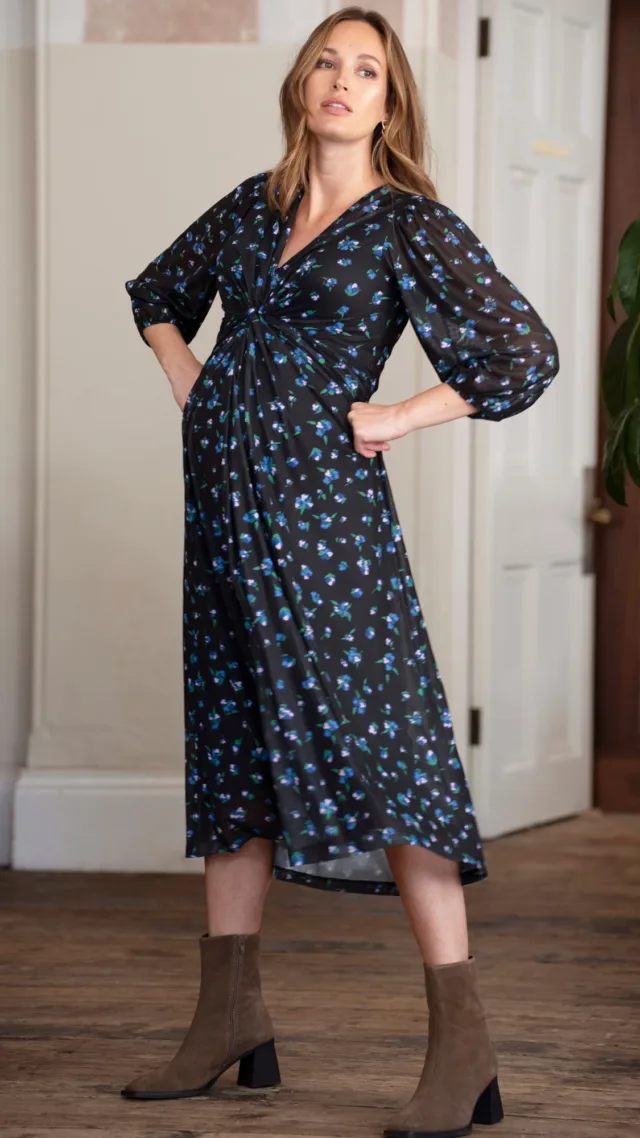 Adrie | Floral Black Maternity Midi Dress